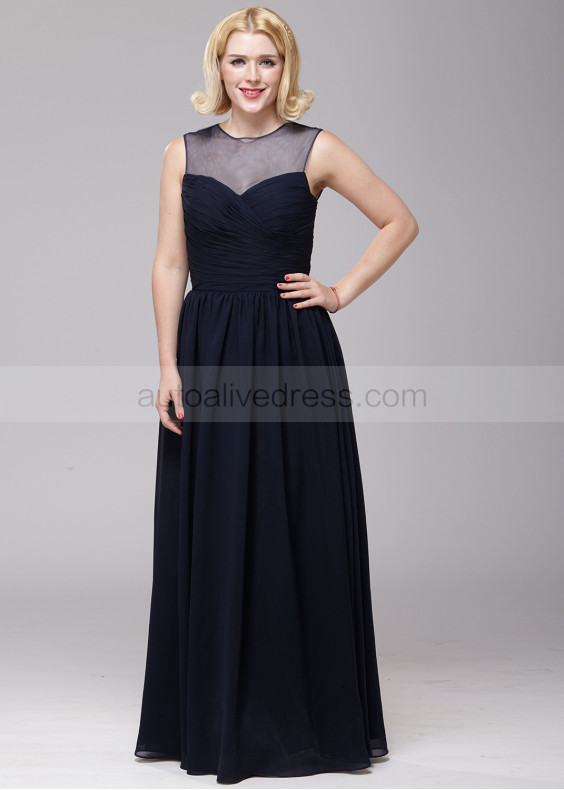 Sheer Neck Navy Blue Chiffon Affordable Bridesmaid Dress